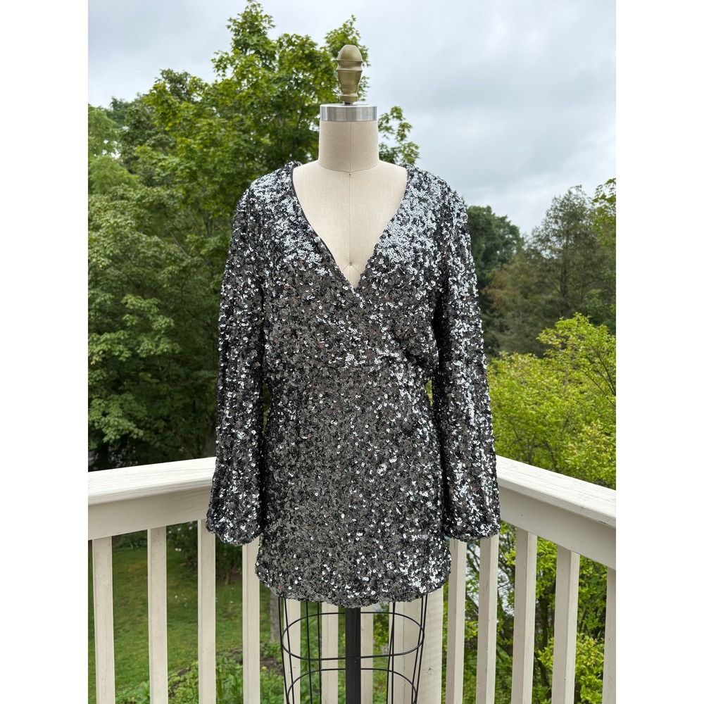 OPT Metallic Sequin Mini Dress XS Long Sleeve V-Neck Open Back Disco Party
